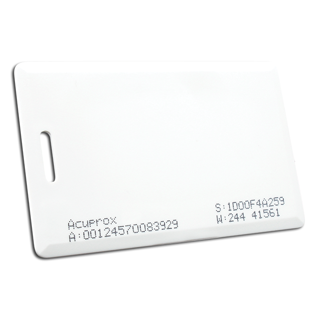 O cartão AcuProx Card é ideal para ser utilizado em diversas aplicações na área de controle de acesso. Indicado para aplicações que utilizam Leitores AcuProx de 125 kHz. É resistente e possui ótima performance de leitura. Possui códigos Wiegand, ABA TK2 e Serial RS-232 impressos no cartão.
