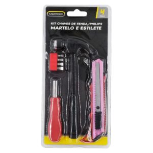 - Kit de Ferramentas para reparos domésticos, fabricado em plástico, e metal; - Contém: 1 Estilete (15,5x3cm), 1 Chave Intercambiável com (10,5cm) e 4 Bits (2 fendas e 2 Phillips); - Construído em aço resistente, proporcionando durabilidade e eficiência em suas tarefas. - Cabo emborrachado preto para oferecer um agarre firme e confortável durante o uso. - 4 peças