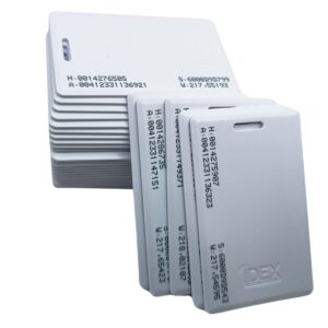 Cartão de Proximidade Clamshell RFID 125 KHz IDEX - Marca: IDEX - Frequência: 125KHz - Códigos impressos: Abatrack1 (10 dígitos decimais), Abatrack II (14 dígitos decimais), Wiegand e Serial (ASC II) - 64 bits - Chip: Eletro Marin - Dimensões: 85,5x53,8x1,8mm - Material: ABS+PVC - Alcance de leitura: até 70 mm - Alto Desempenho e Confiabilidade - Simples utilização - À prova d'água - Com furo Compatível com quase todos os leitores RFID 125 KHz (ACURA, MAX PROX, YAKIYAMA, INTELBRAS, ZKTECO, CITROX, MADIS, ZPM, ELGIN, TOP DATA, DIMEP, PROVEU, TECNIBRA, TRIX, DIGICON, WOLPAC,PONTO SYSTEM, CONTROL ID etc). Espaço de aplicação: controle de acesso, transporte público, estacionamento, identificação ID, sistema de atendimento, emissão de bilhetes, pagamento com cartão, logotipo do produto, etc. Não é compatível com: HCS, LINEAR, NICE, HID, INDALA, ONITY, ADEL. Não é compatível com frequência 13,56 MHz (NFC) e 860~960 MHz.